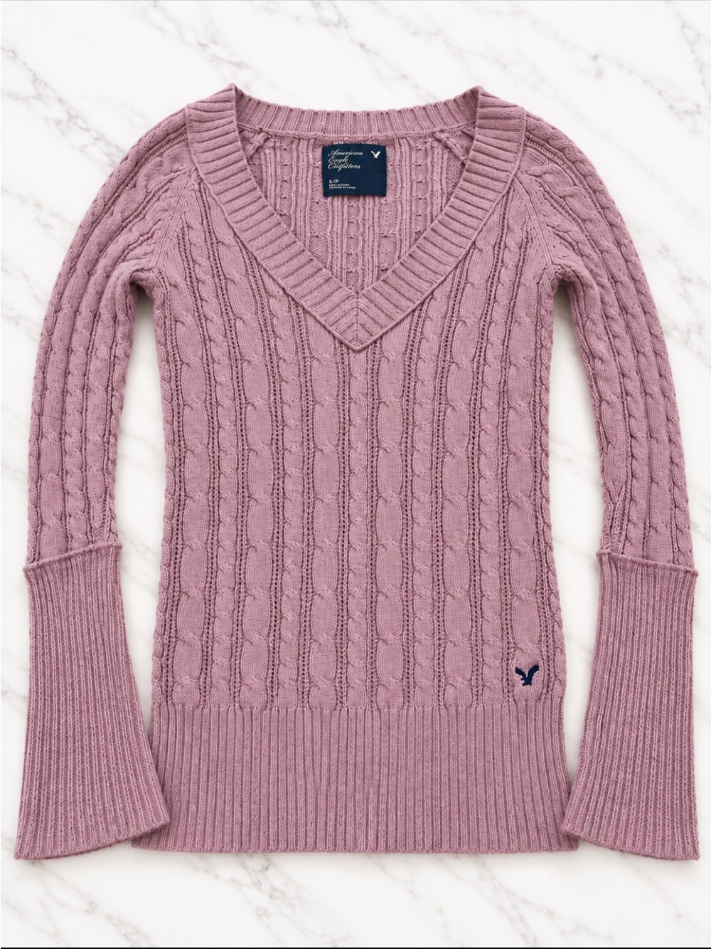 American Eagle Outfitters Mauve Cable-Knit V-Neck Sweater